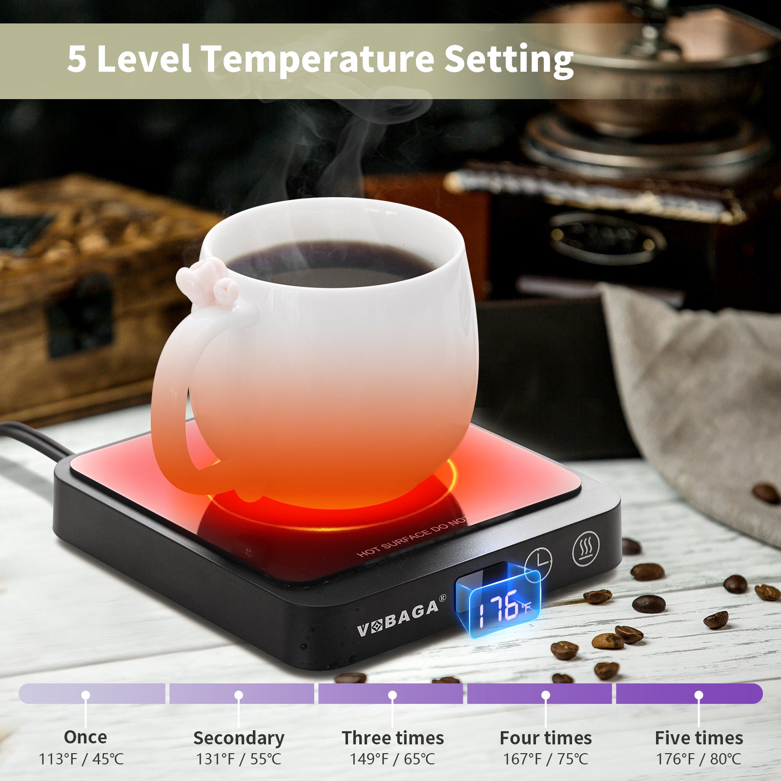 VOBAGA Mug Warmer, Coffee Cup Warmer for Office Home Desk Use with 5 Temperature Settings, Electric Beverage Warmer with Digital Display Auto Shut Off for Heating Coffee, Cocoa, Milk, Tea(No Cup)