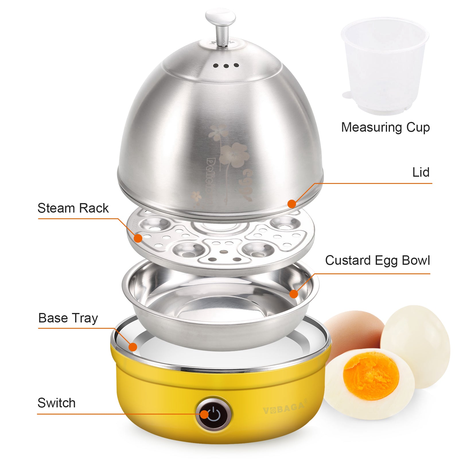 VOBAGA Electric Egg Cooker, Rapid Egg Boiler with Auto Shut Off for Soft, Hard Boiled, Steamed Eggs (Yellow)