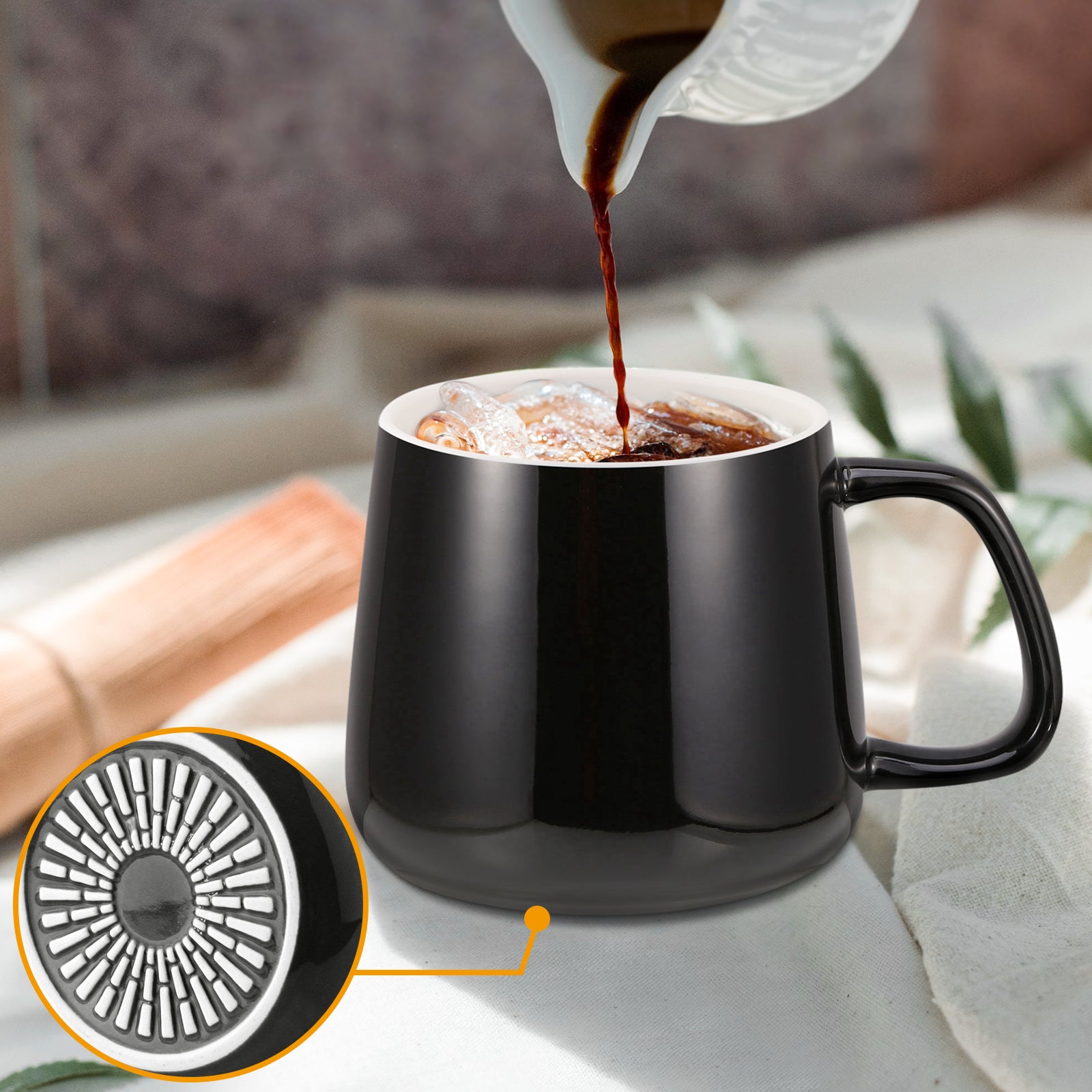 VOBAGA 14 OZ Porcelain Coffee&Tea Mug with Lid and Flat-Bottom, Gifts for Tea Lover (Black)