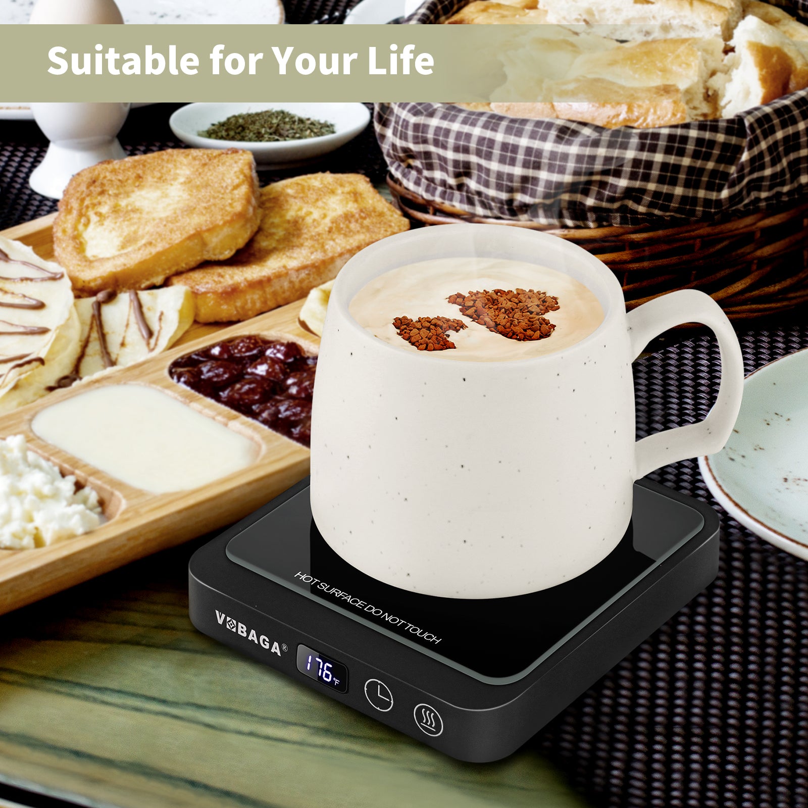 VOBAGA Mug Warmer, Coffee Cup Warmer for Office Home Desk Use with 5 Temperature Settings, Electric Beverage Warmer with Digital Display Auto Shut Off for Heating Coffee, Cocoa, Milk, Tea(No Cup)