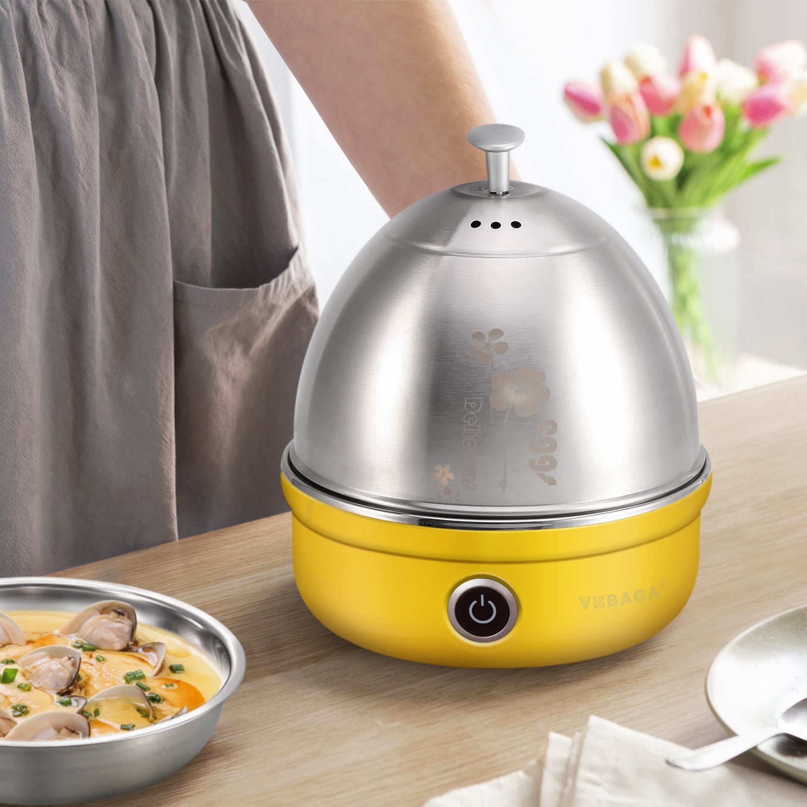 VOBAGA Electric Egg Cooker, Rapid Egg Boiler with Auto Shut Off for Soft, Hard Boiled, Steamed Eggs (Yellow)